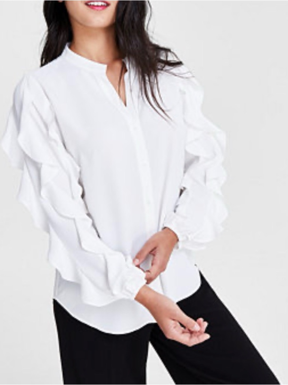 Bar III Cream Ruffled Long Sleeve Blouse